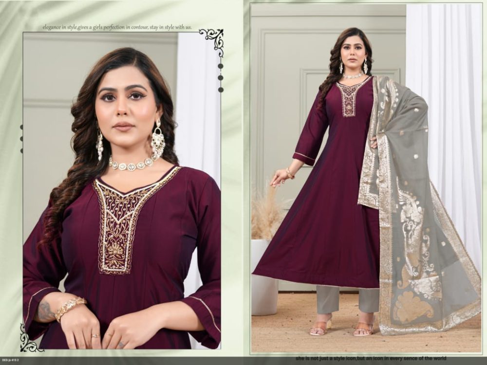 Wine Embroidered Roman Kurta Set