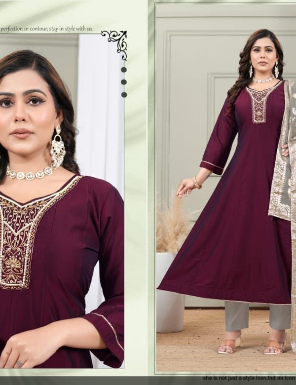 Wine Embroidered Roman Kurta Set