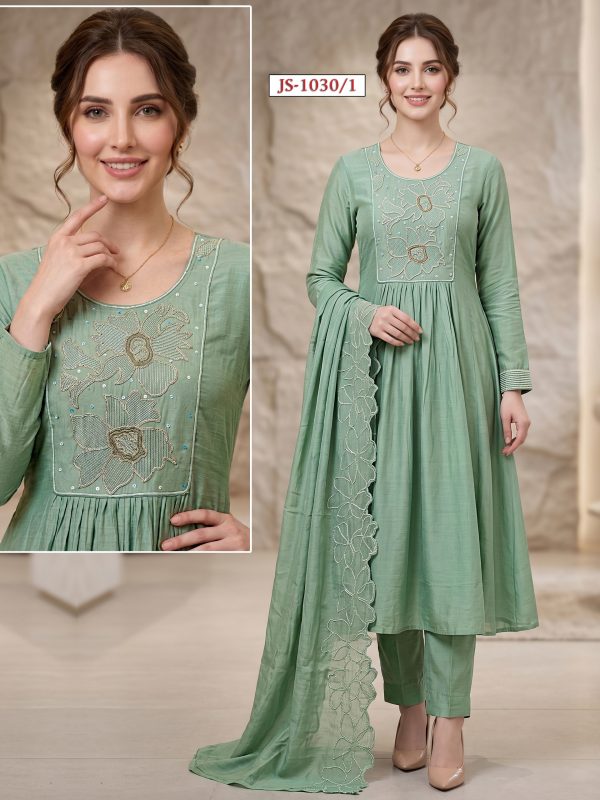 Pista Green Mul Chanderi Kurta Set