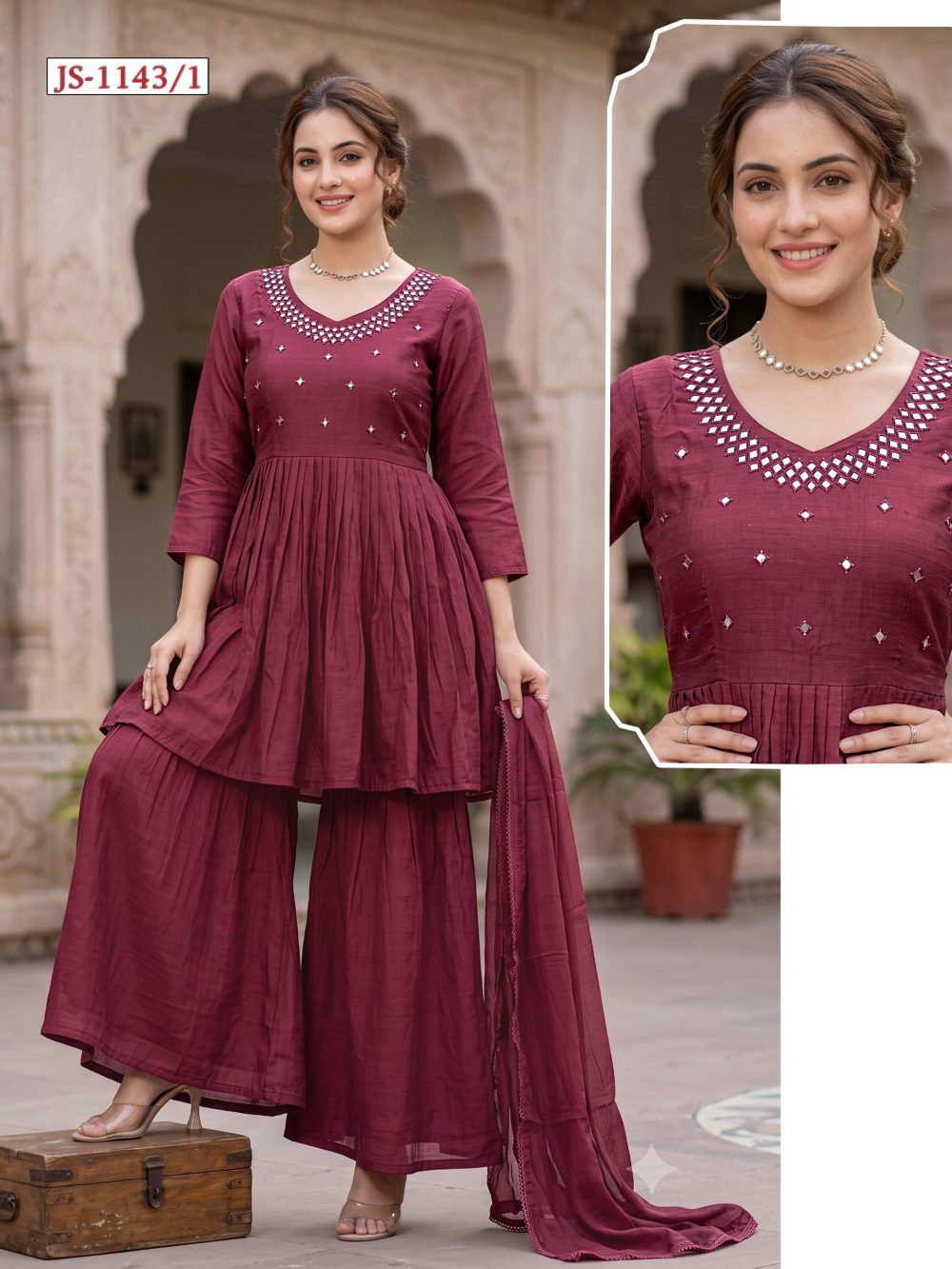 Maroon Mul Chanderi Palazzo Set