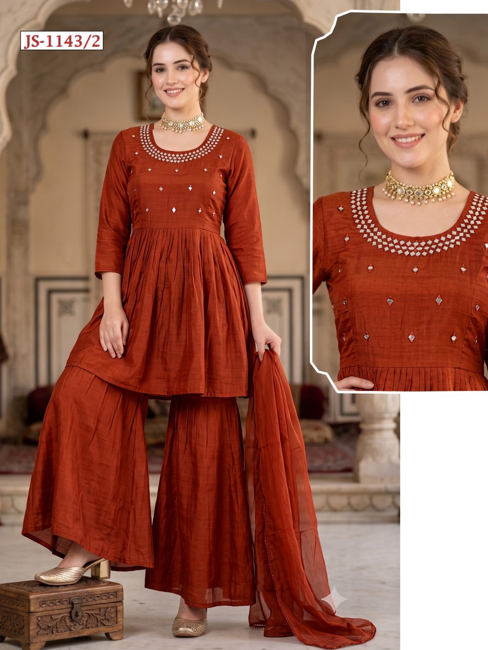 Rust Mul Chanderi Palazzo Set