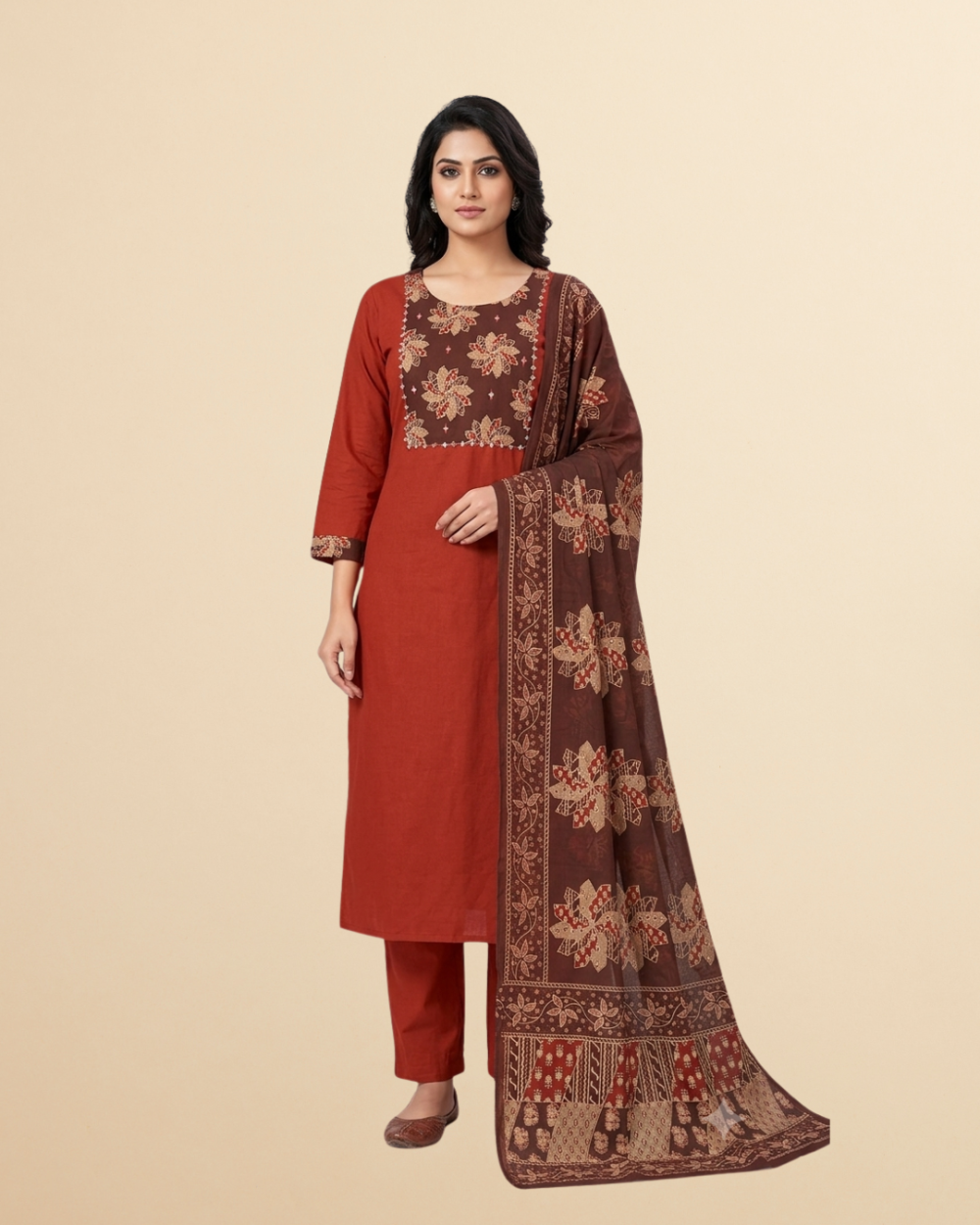 Rust with Brown Dabu Cotton Kurta Set