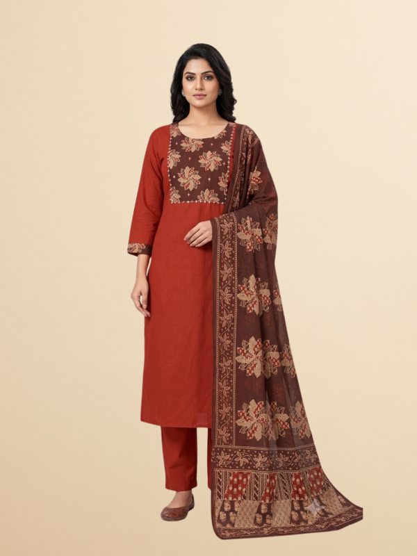 Rust with Brown Dabu Cotton Kurta Set