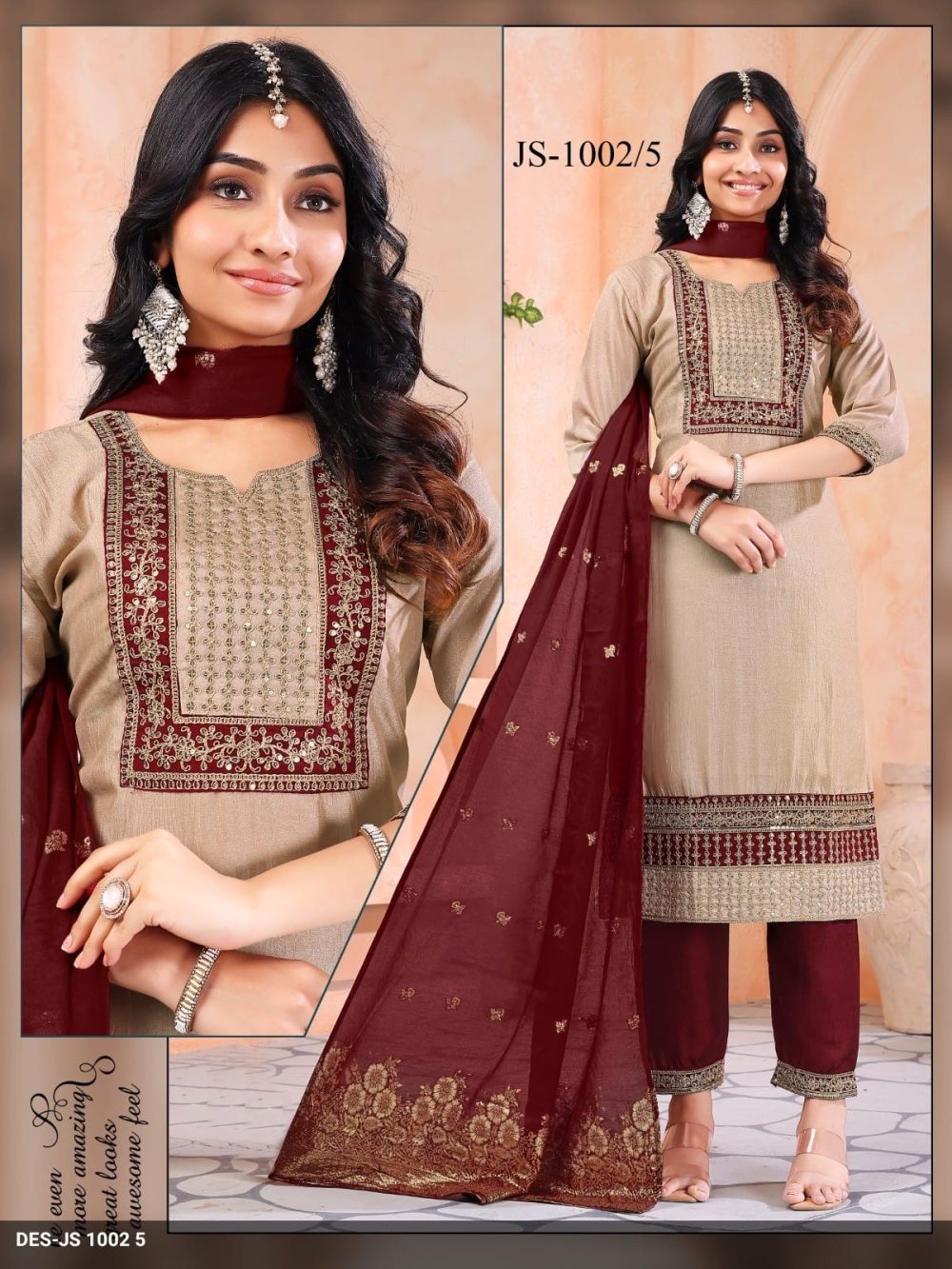 Biscuit with Maroon Vichitra Kurta Set