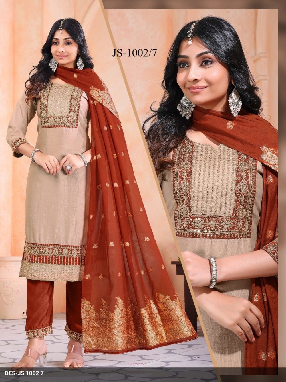 Biscuit with Rust Vichitra Kurta Set