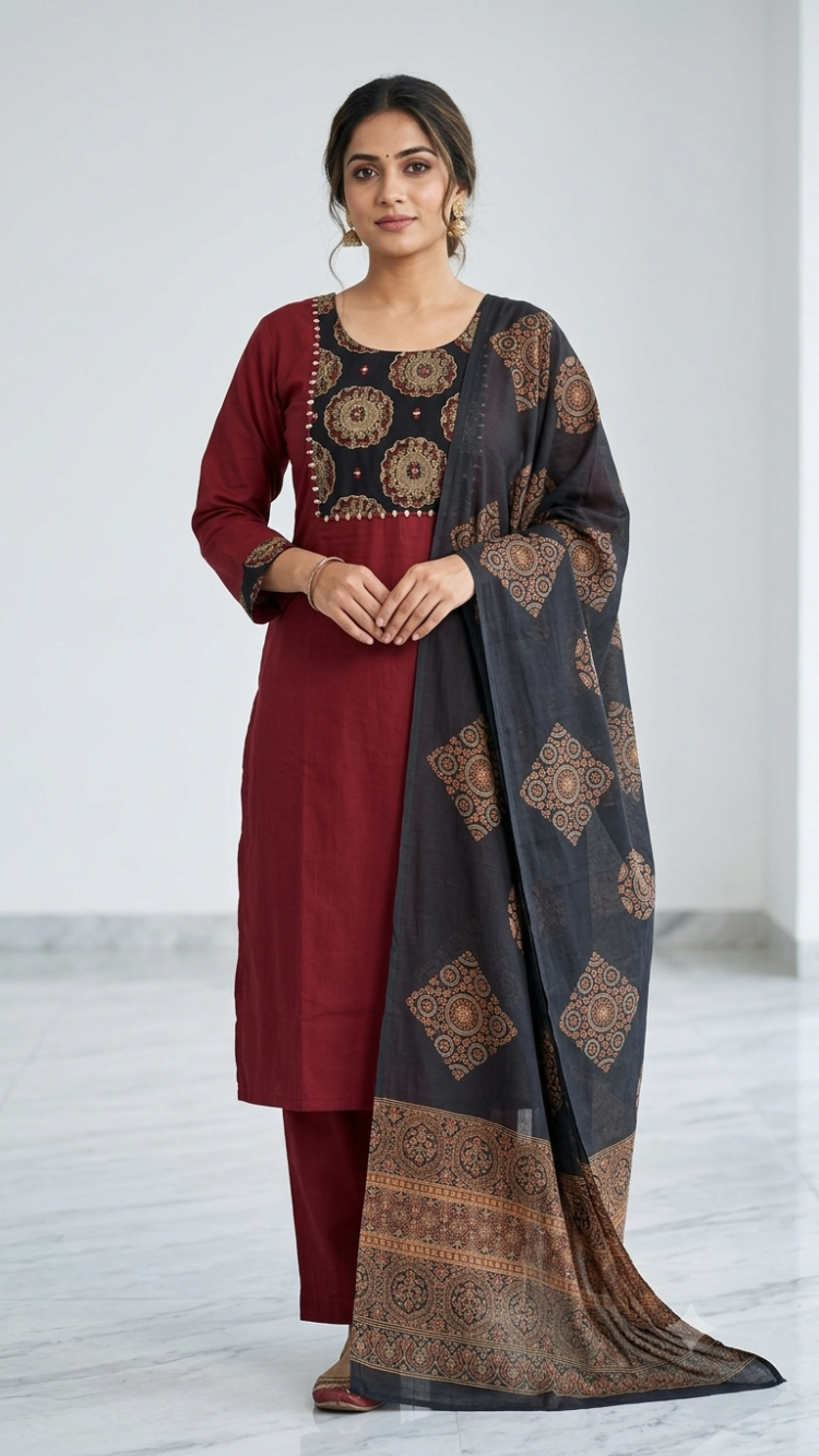 Red with Black Dabu Cotton Kurta Set