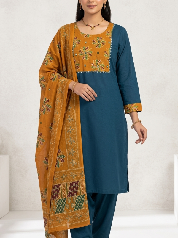 Blue with Yellow Dabu Cotton Kurta Set