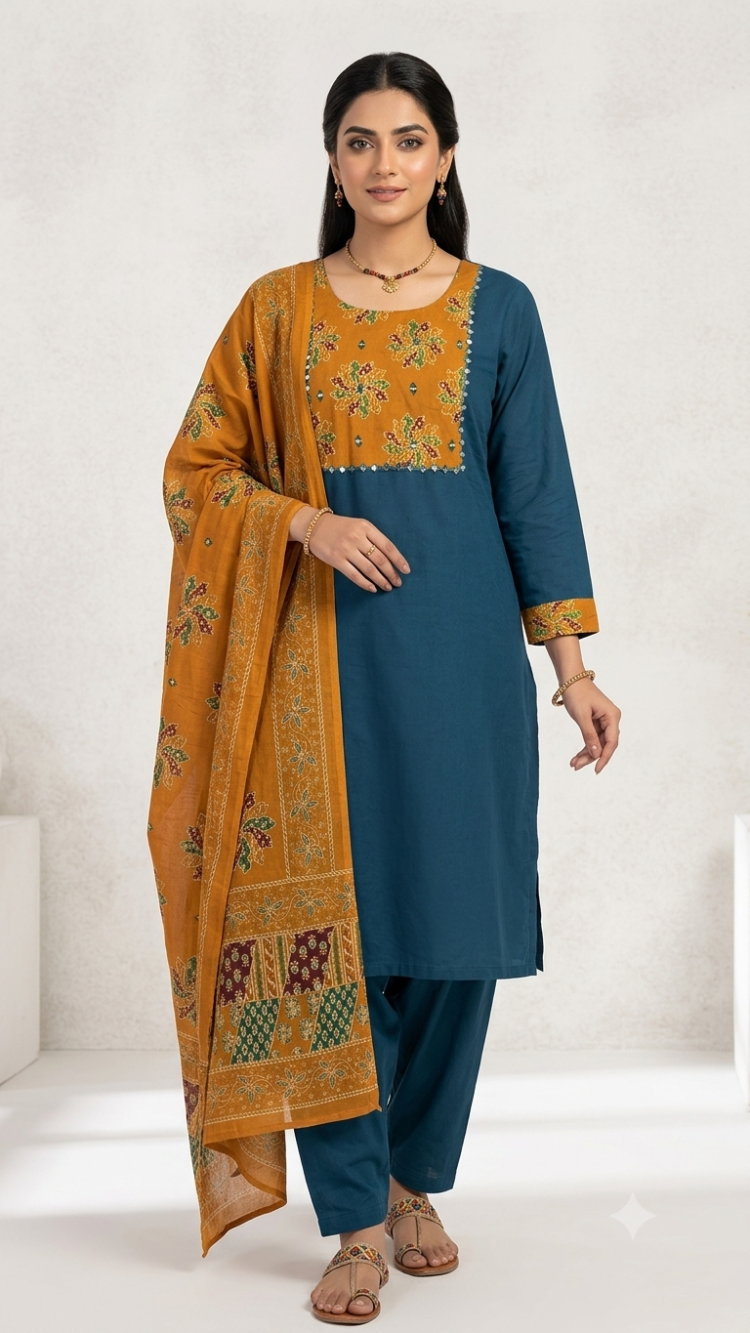 Blue with Yellow Dabu Cotton Kurta Set
