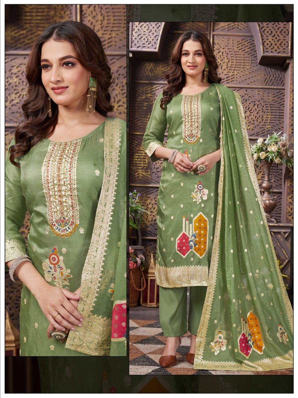 Green Embroidered Shimmer Kurta Set