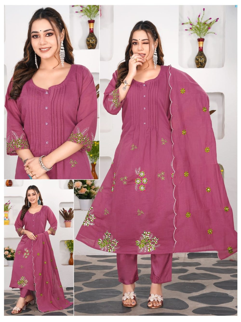 Dark Pink Mul Chanderi Kurta Set