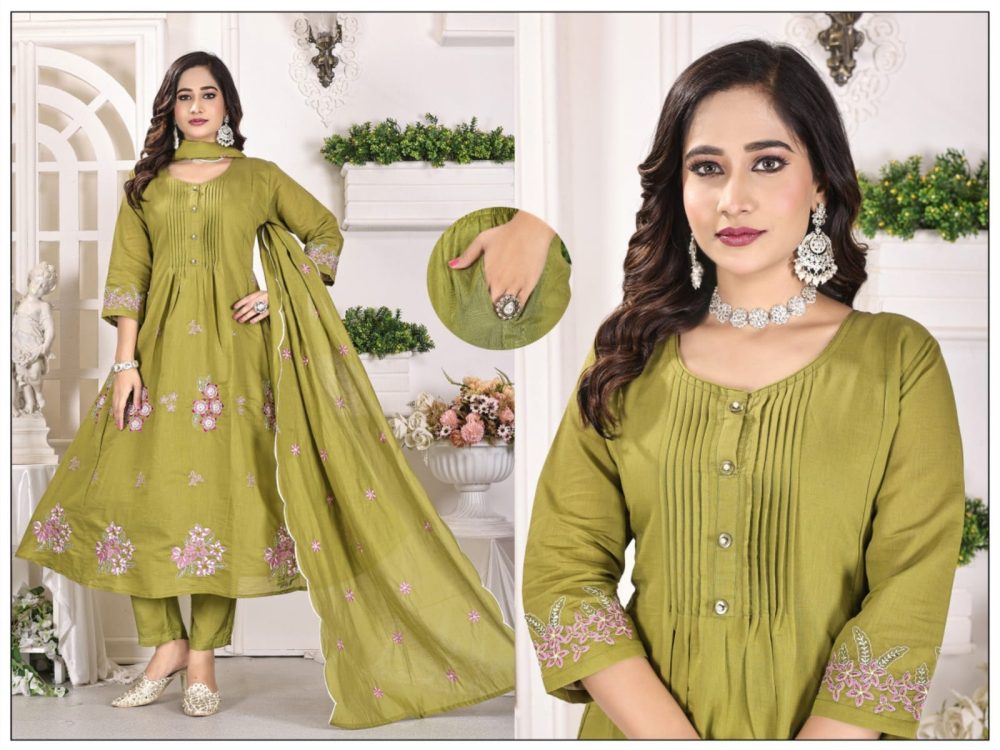 Light Mehndi Mul Chanderi Kurta Set