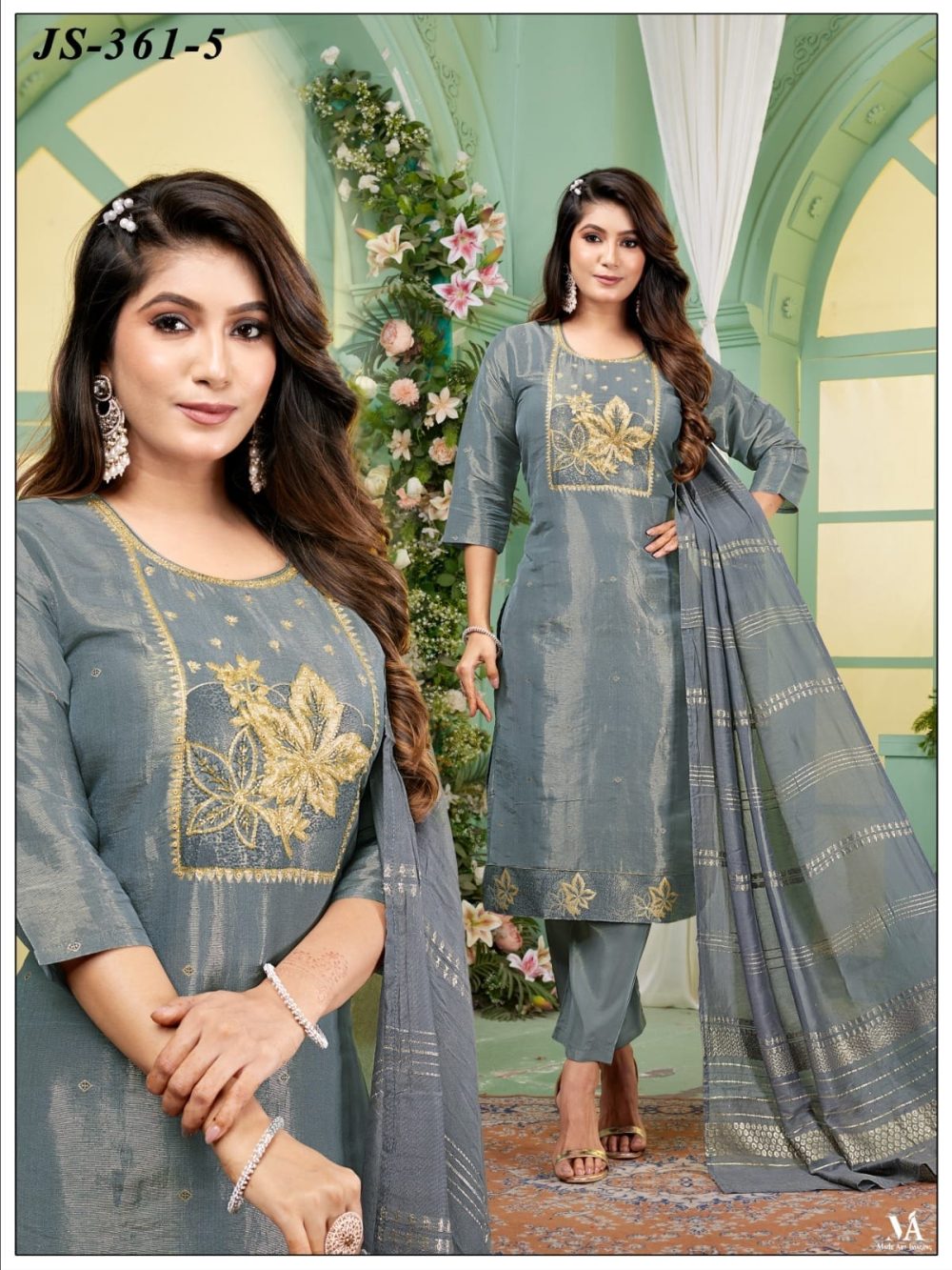 Slaty Grey Embroidered Shimmer Buti Kurta Set