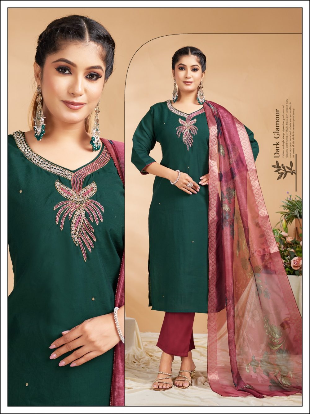 Bottle Green Embroidered Roman Kurta Set