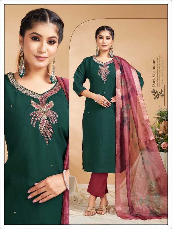 Bottle Green Embroidered Roman Kurta Set