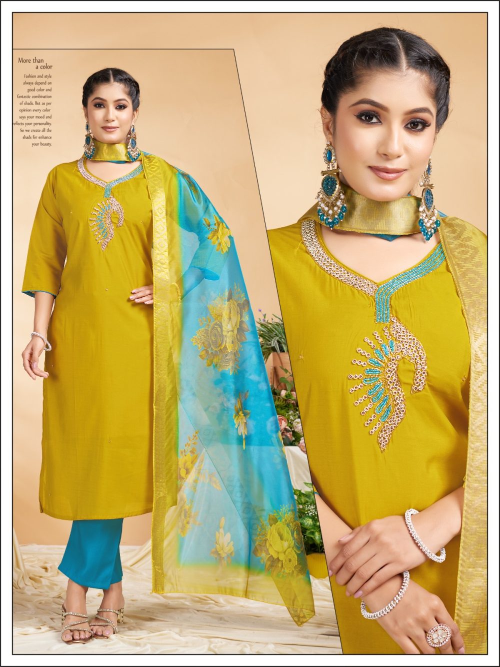 Yellow Embroidered Roman Kurta Set