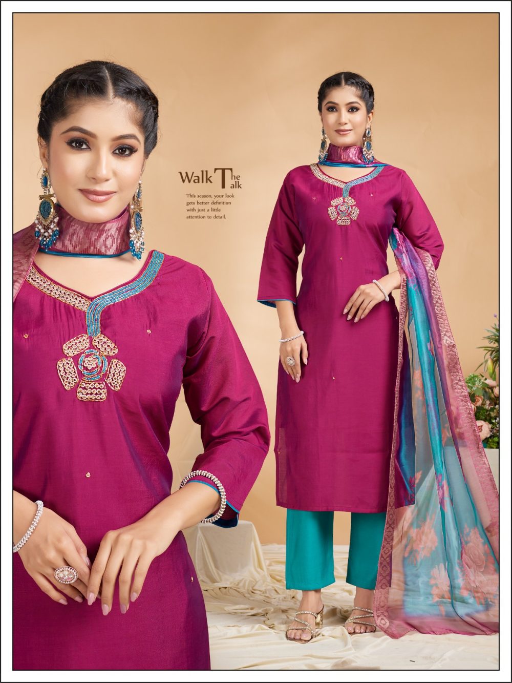 Rani Pink Embroidered Roman Kurta Set