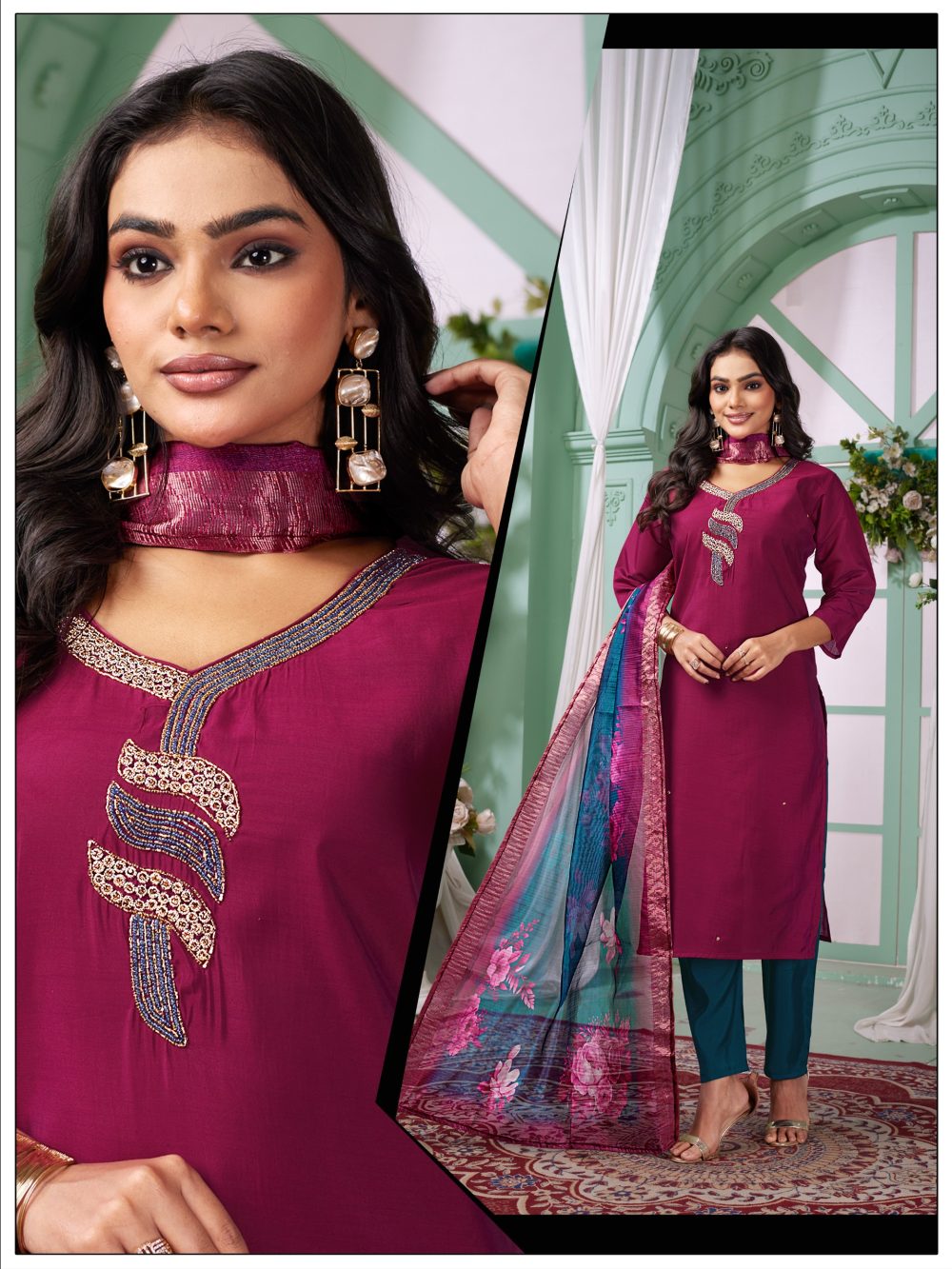 Wine Embroidered Roman Kurta Set