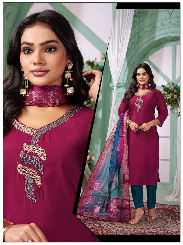 Wine Embroidered Roman Kurta Set