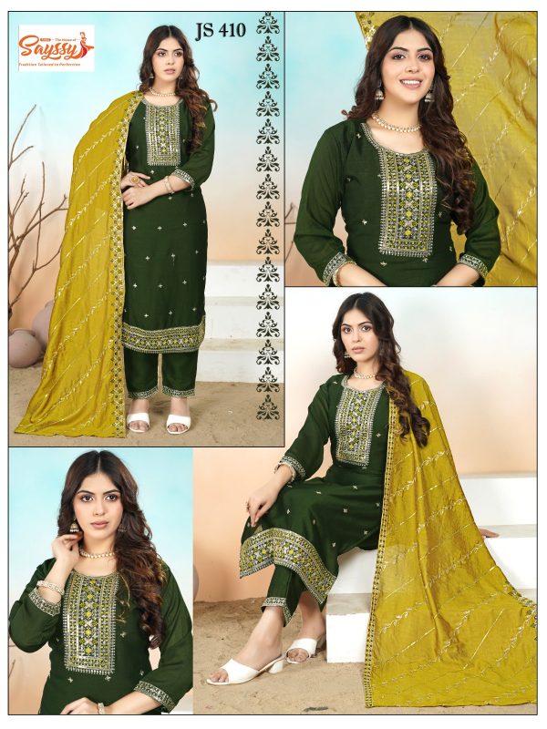 Dark Green Embroidered Vichitra Kurta Set