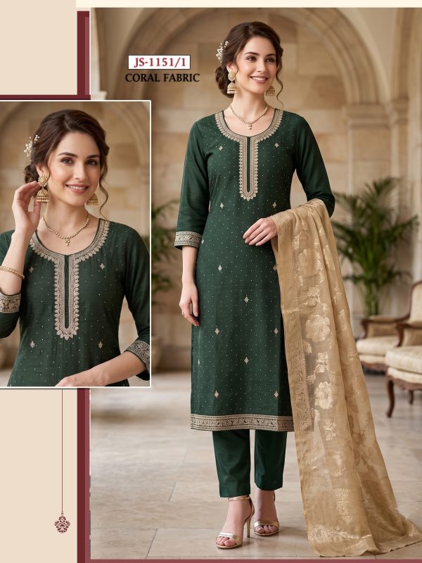 Dark Green Embroidered Coral Kurta Set