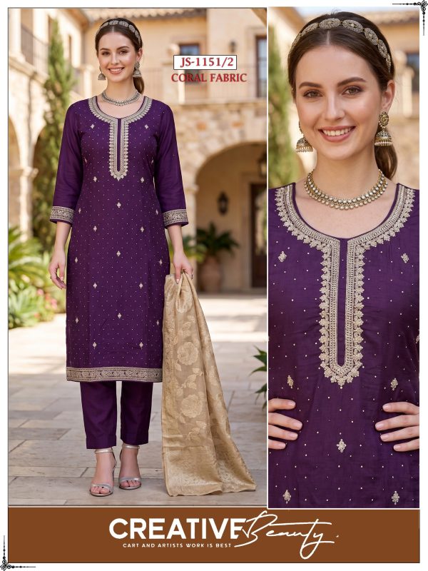 Dark Purple Embroidered Coral Kurta Set