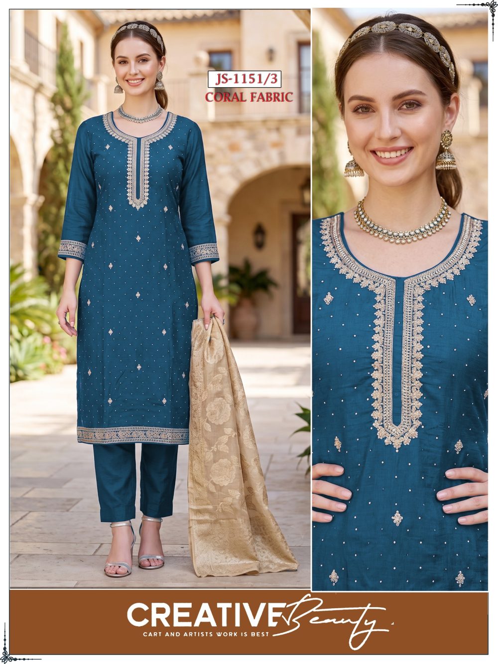 Dark Blue Embroidered Coral Kurta Set