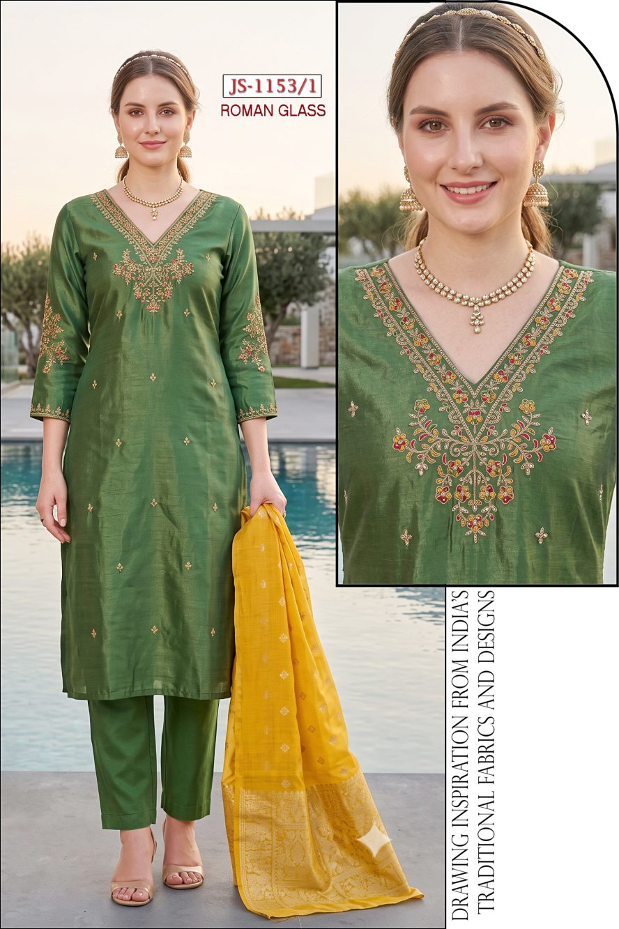 Pista Green Embroidered Glass Roman Kurta Set