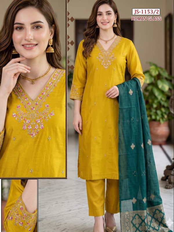 Mustard Yellow Embroidered Glass Roman Kurta Set