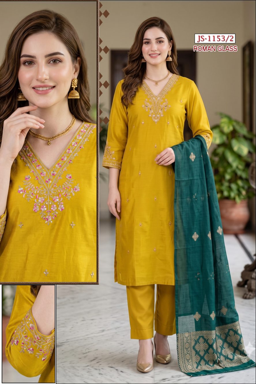 Mustard Yellow Embroidered Glass Roman Kurta Set
