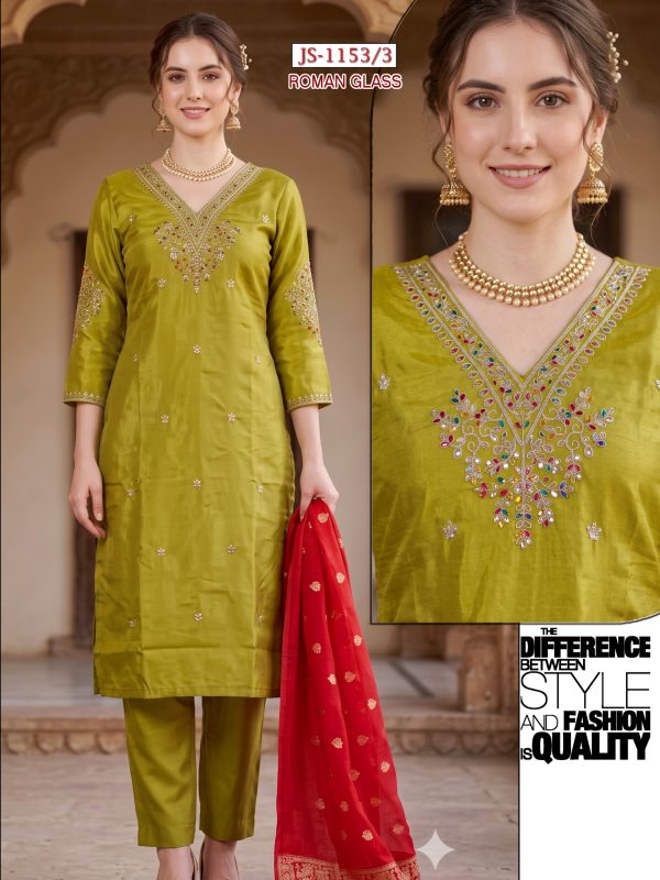 Green Embroidered Glass Roman Kurta Set