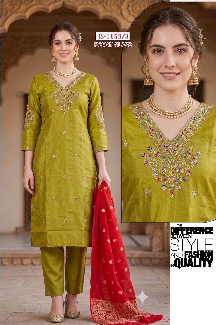 Green Embroidered Glass Roman Kurta Set