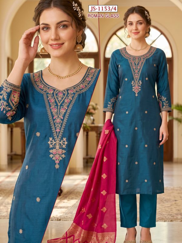 Blue Embroidered Glass Roman Kurta Set