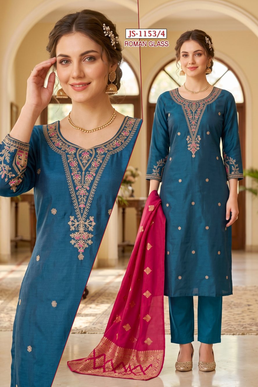 Blue Embroidered Glass Roman Kurta Set