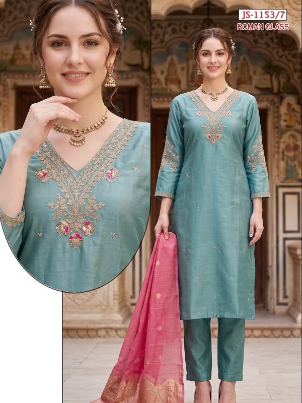 Sky Blue Embroidered Glass Roman Kurta Set