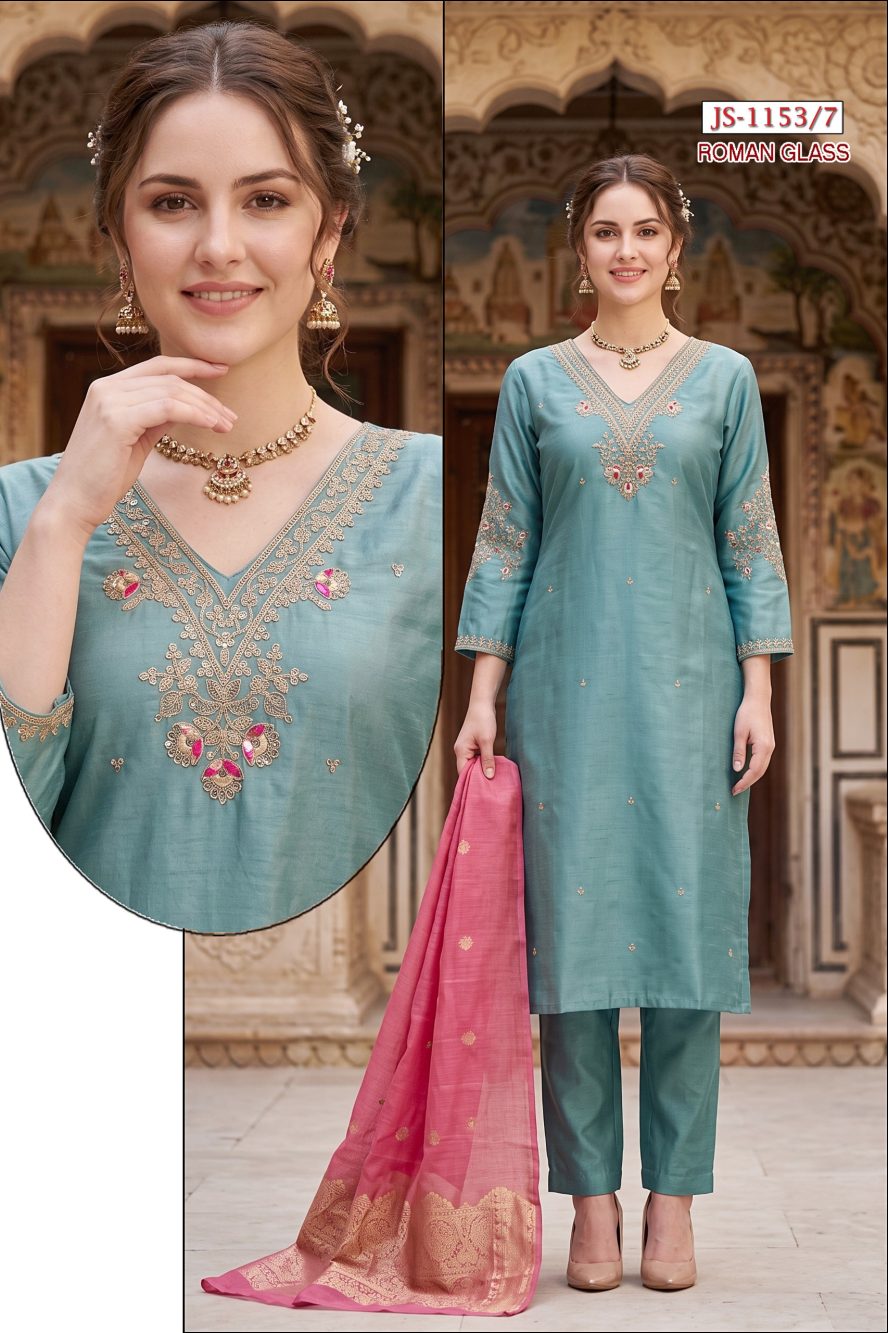 Sky Blue Embroidered Glass Roman Kurta Set