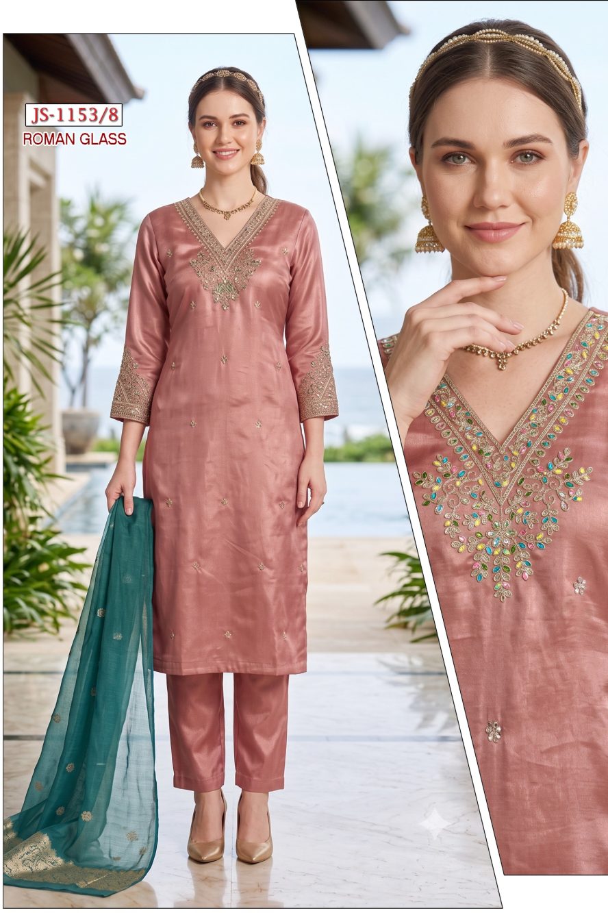 Dusty Rose Embroidered Glass Roman Kurta Set