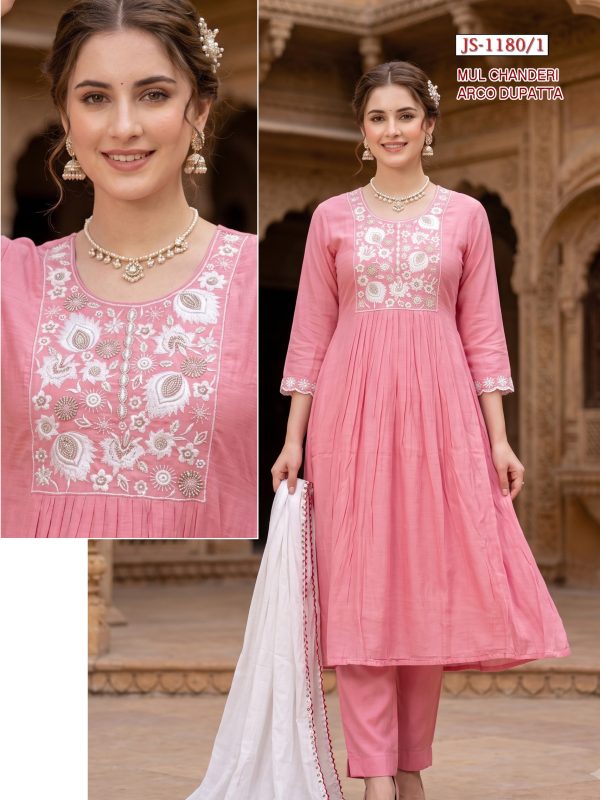Light Pink Embroidered Mul Chanderi Kurta Set