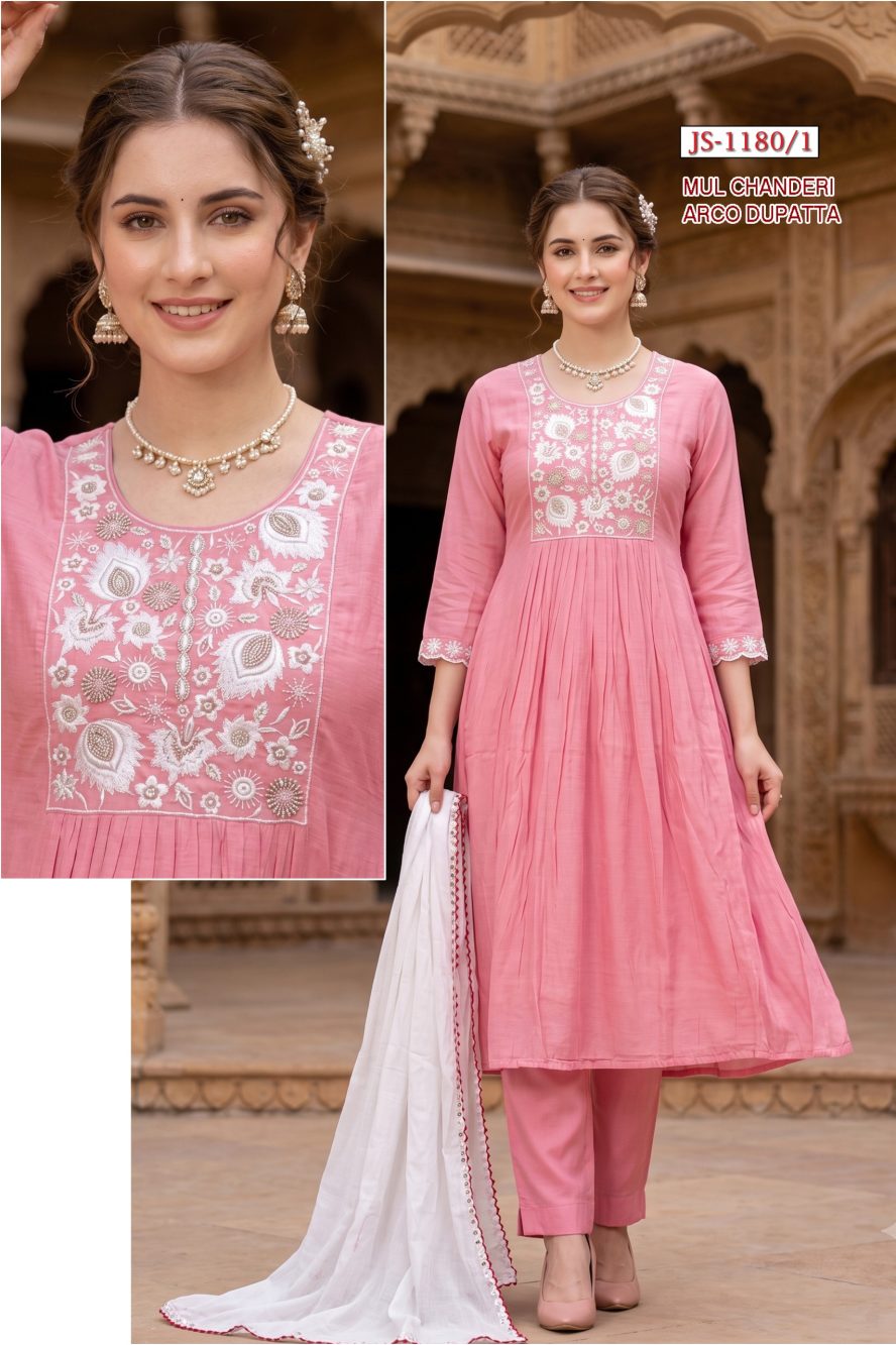 Light Pink Embroidered Mul Chanderi Kurta Set