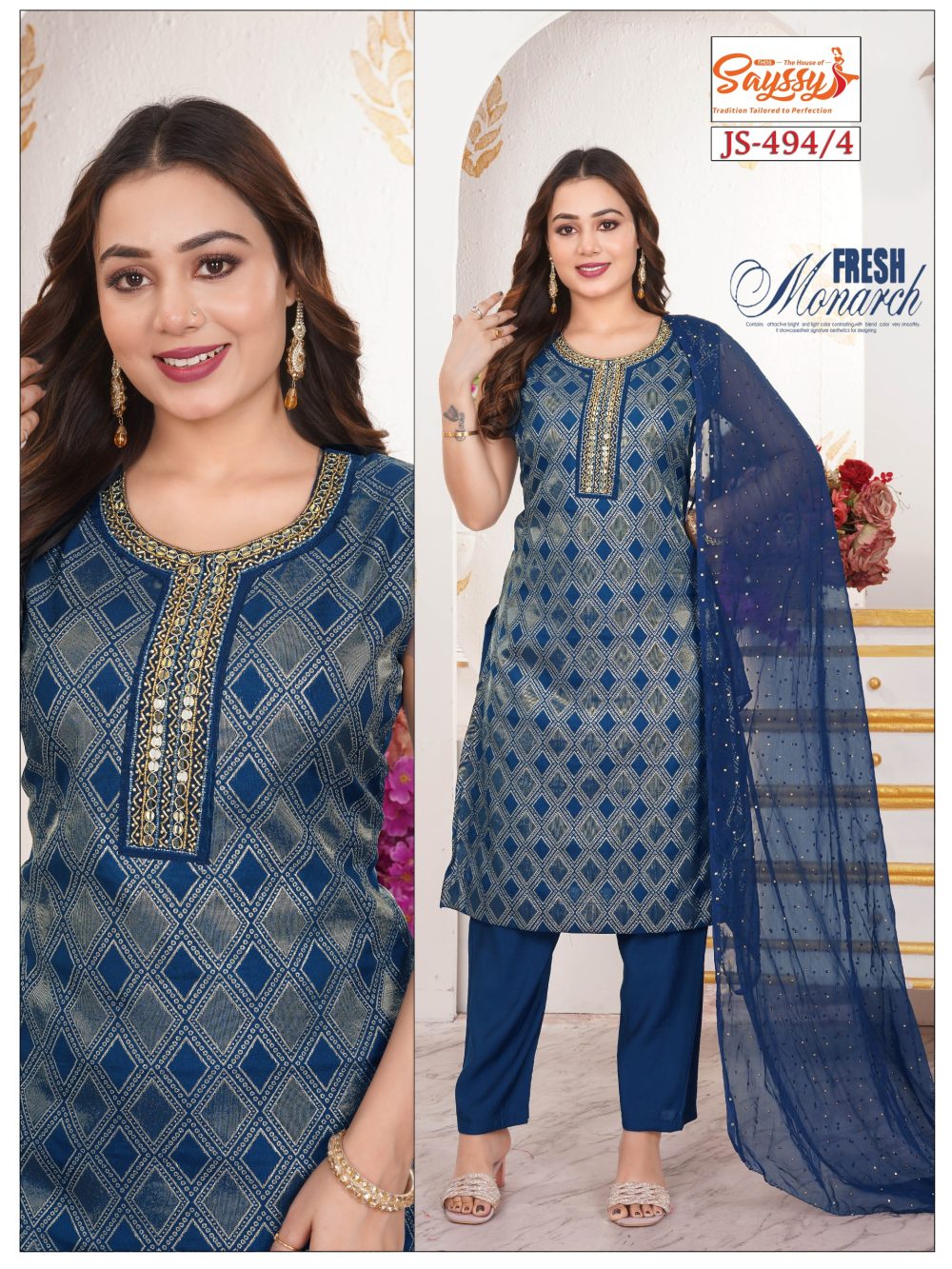 Blue Embroidered Roman Kurta Set