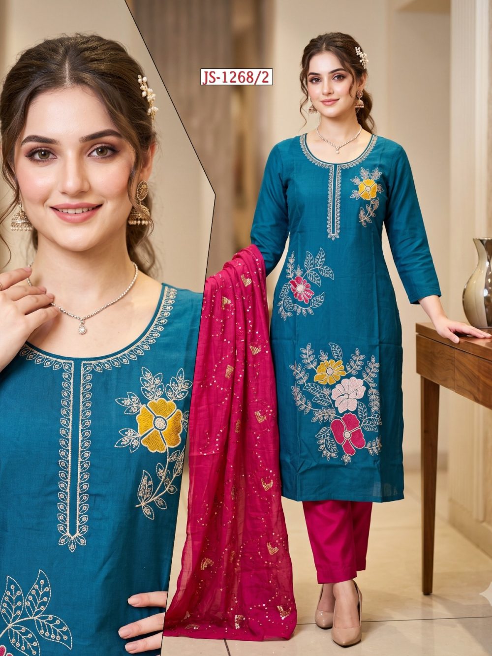 Blue Embroidered Glass Roman Kurta Set