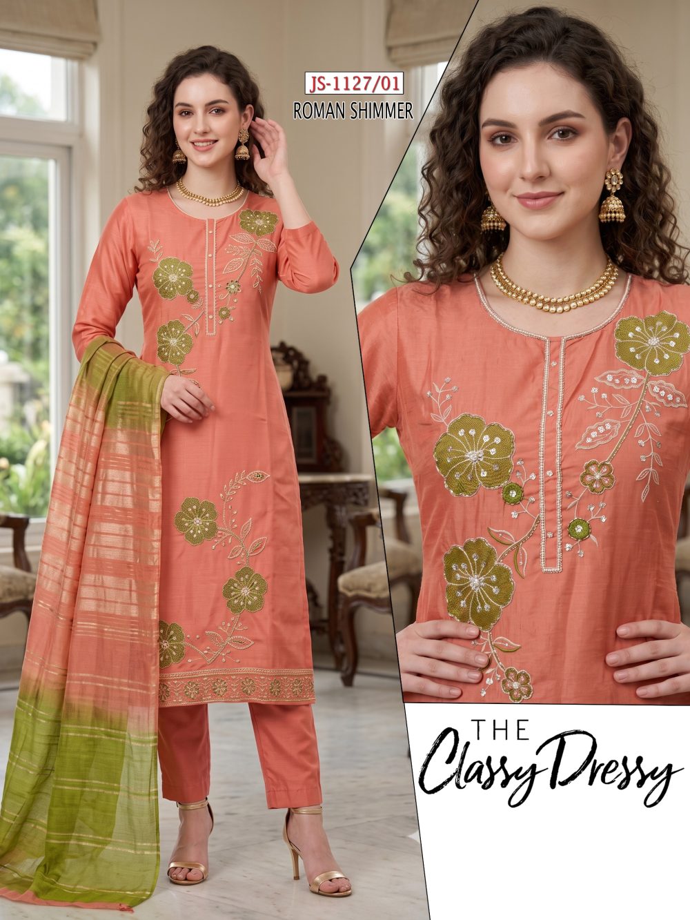 Peach Roman Shimmer Kurta Set