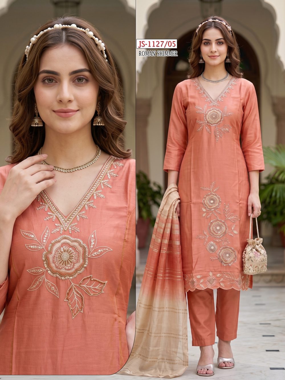 Peach Roman Shimmer Kurta Set