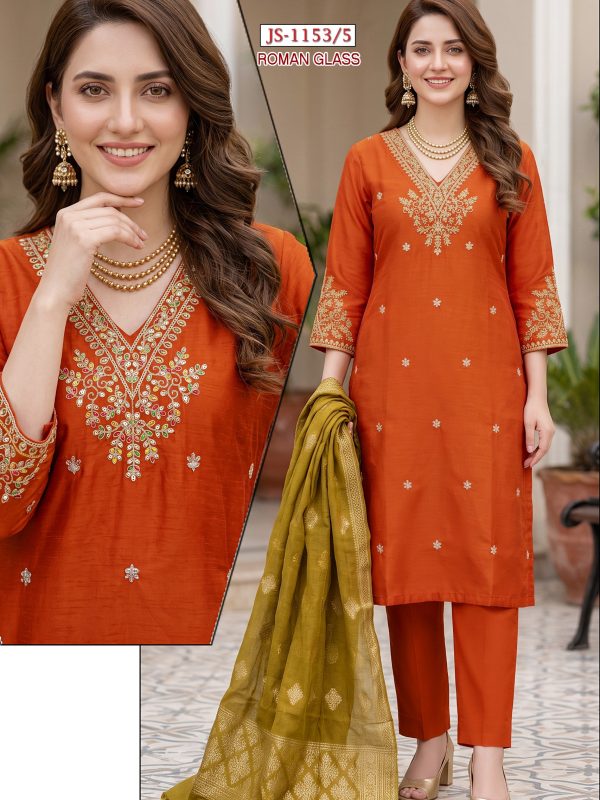 Rust Embroidered Glass Roman Kurta Set