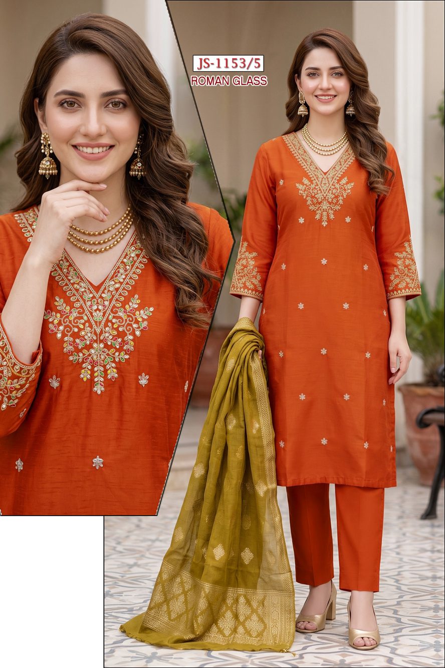 Rust Embroidered Glass Roman Kurta Set