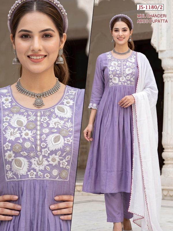 Light Purple Embroidered Mul Chanderi Kurta Set