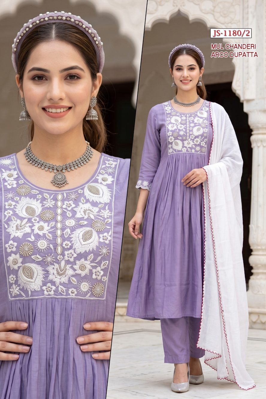 Light Purple Embroidered Mul Chanderi Kurta Set