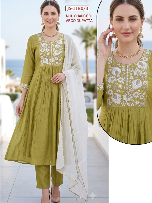 Light Green Embroidered Mul Chanderi Kurta Set