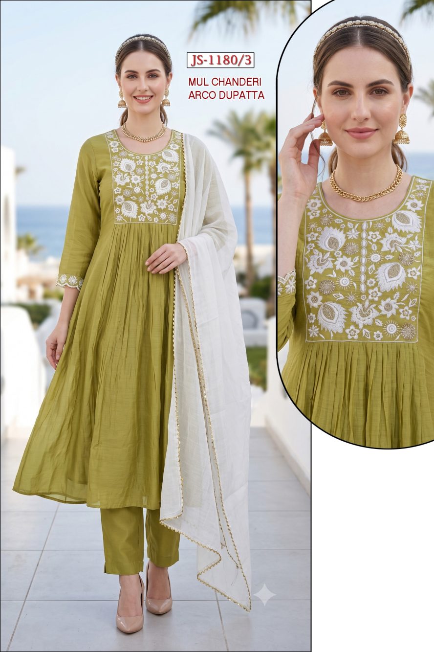 Light Green Embroidered Mul Chanderi Kurta Set