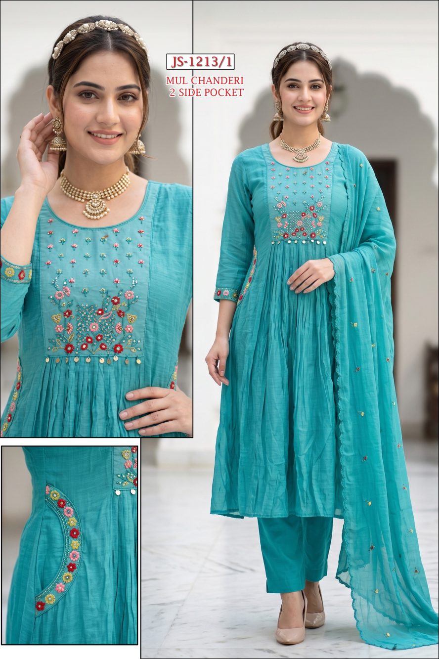 Sky Blue Embroidered Mul Chanderi Kurta Set