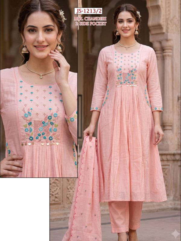 Pink Embroidered Mul Chanderi Kurta Set